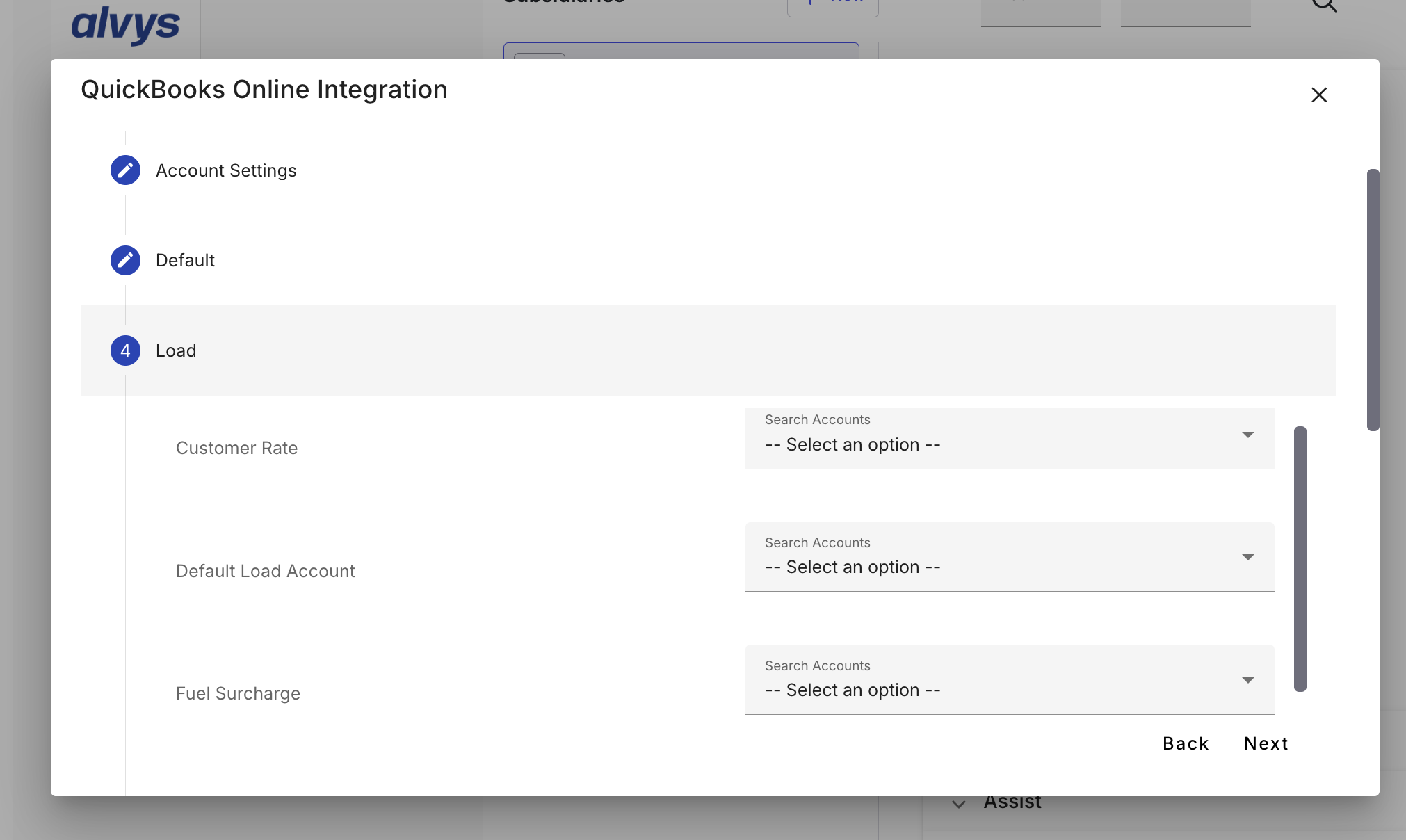 Screenshot showing the Load Type Mappings section in Alvys QBO settings with load category and trip category account dropdown selectors.