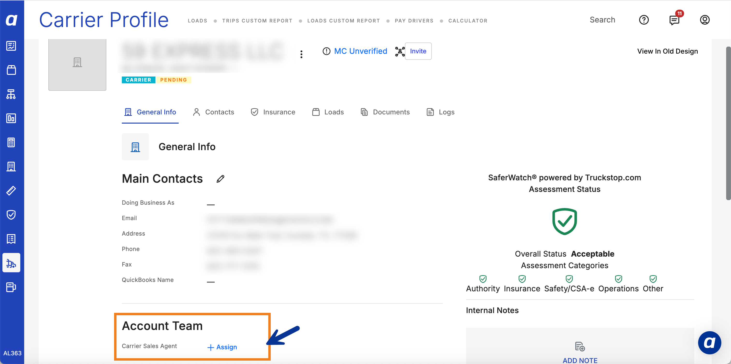Carrier profile showing Carrier Sales Agent assignment field.