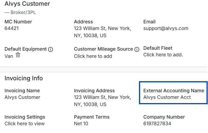 Screenshot showing the Invoice As and External Accounting Name fields on a load.