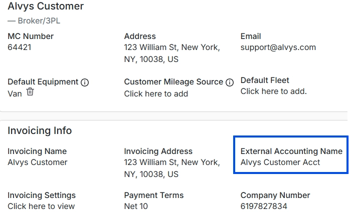 Screenshot showing the Invoice As and External Accounting Name fields on a load.