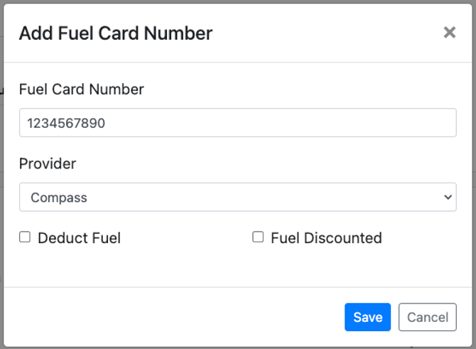 This image shows the fuel card number entry popup with the Compass provider selected and the deduct fuel checkbox visible.