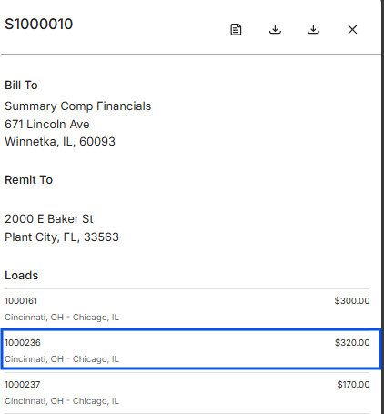 Load number listed in the summary invoice