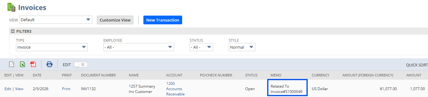 Image showing the exported summary invoice from Alvys in NetSuite