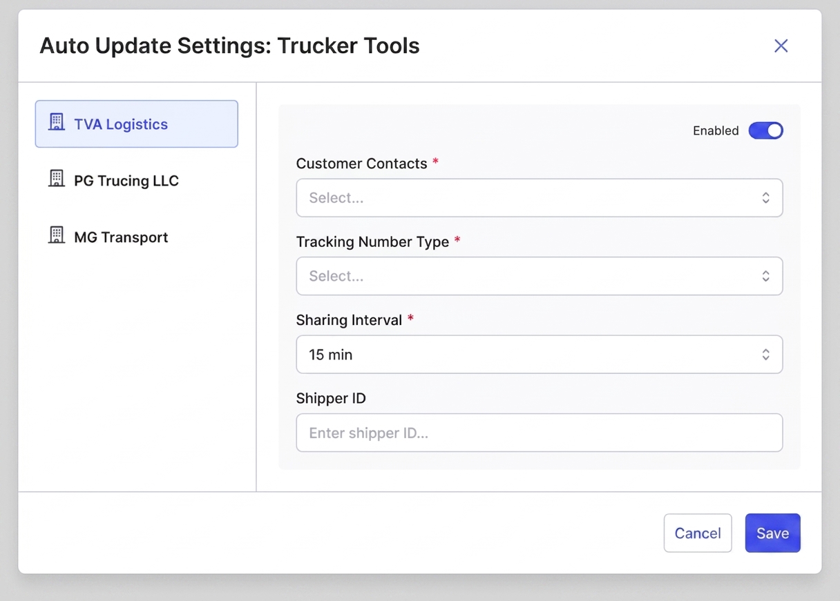TruckerTools outbound checkbox enabled with Contacts and Email Interval fields.