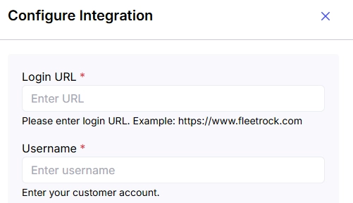 Image showing the Alvys “Configure Integration” form for the Fleetrock integration with the login URL and the Username input fields