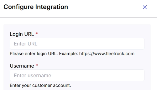 Image showing the Alvys “Configure Integration” form for the Fleetrock integration with the login URL and the Username input fields