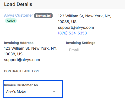 Image showing the “Invoice As” dropdown button in the load details page