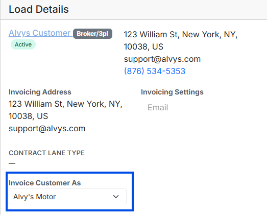 Image showing the “Invoice As” dropdown button in the load details page