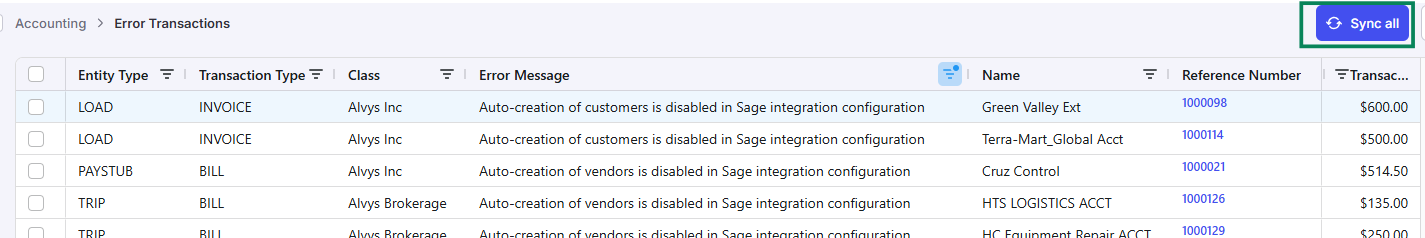 Error Transactions with the Sync all button highlighted