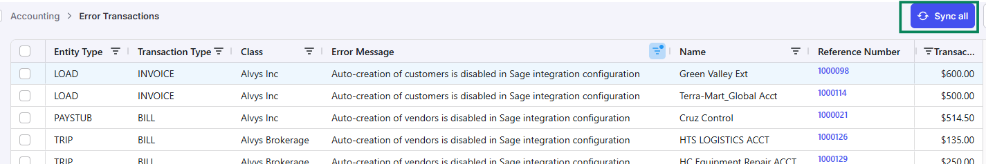 Error Transactions with the Sync all button highlighted