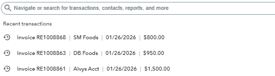 Displays a search bar dropdown tracking recent transactions for three newly created invoices dated 01/26/2026.