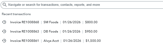 Displays a search bar dropdown tracking recent transactions for three newly created invoices dated 01/26/2026.