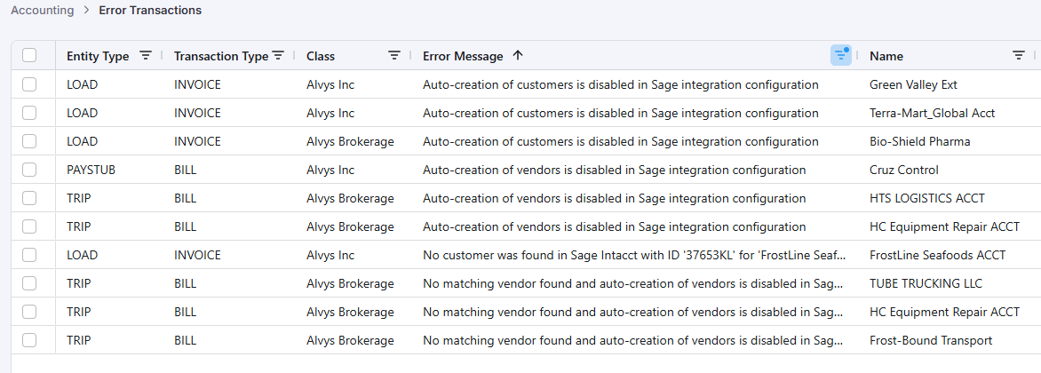 Error Transactions table with Sage export error messages