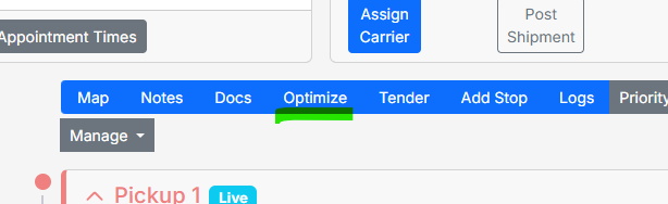 The Load Details page with the Optimize button visible in the Trips / Stops section of the management ribbon.