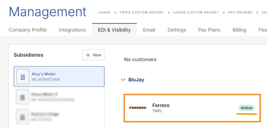 Management > EDI & Visibility page showing customer integration status as active