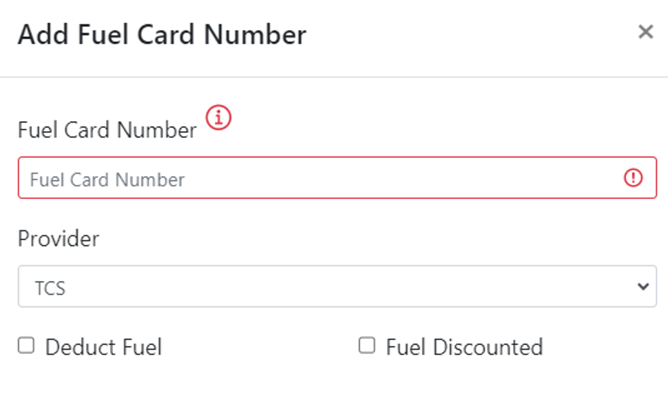 This image shows the fuel card entry popup