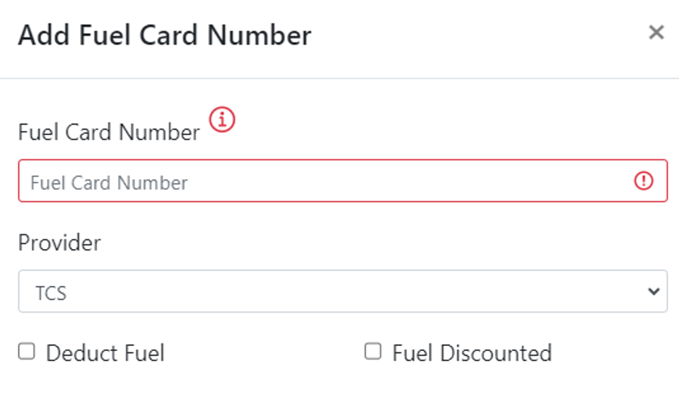 This image shows the fuel card entry popup