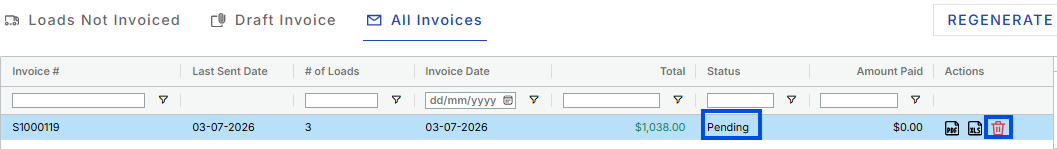 Image showing delete icon for summary invoice