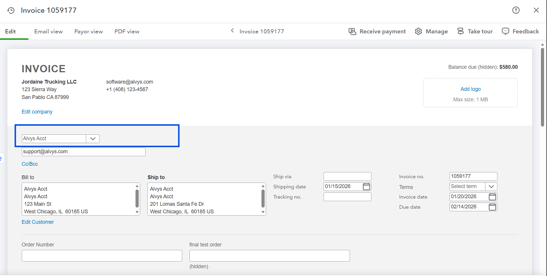 Features a comprehensive document view for Invoice 1059177, with a blue outline focusing on the main client account selection dropdown menu ('Alvys Acct').