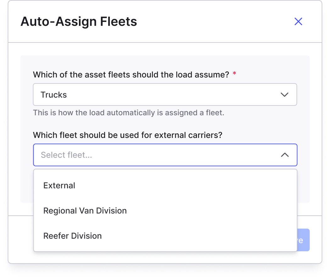 The modal showing the default fleet selection for loads covered by external carriers.