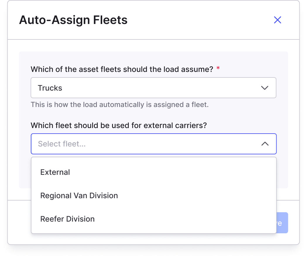 The modal showing the default fleet selection for loads covered by external carriers.