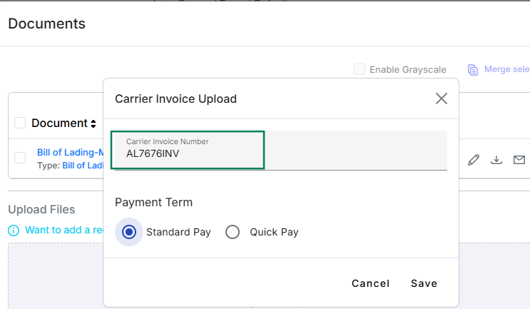 Features the Carrier Invoice Upload modal with a green box framing the designated invoice number ('AL7676INV').