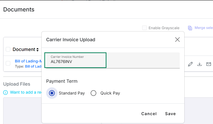 Features the Carrier Invoice Upload modal with a green box framing the designated invoice number ('AL7676INV').