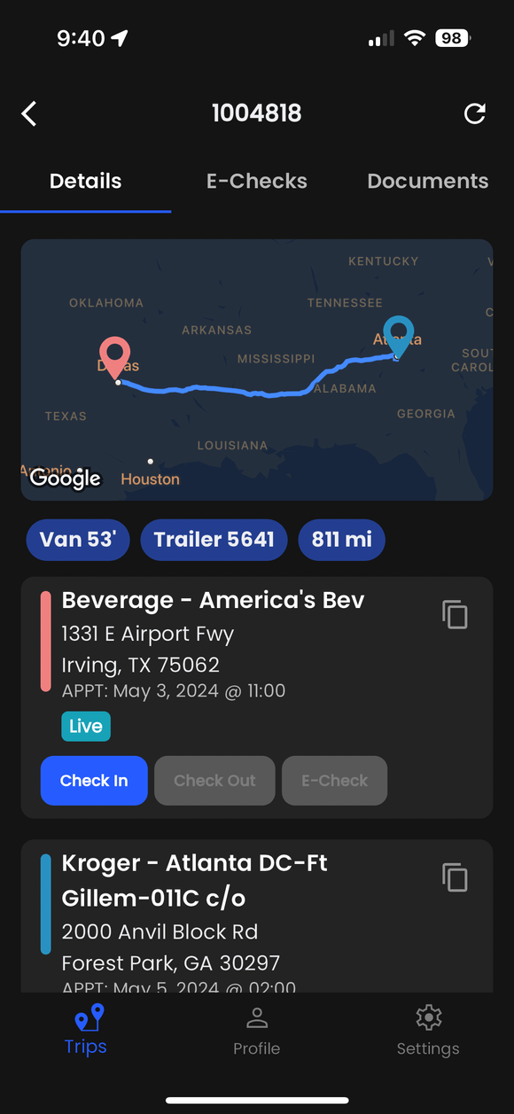 Trip details preview.