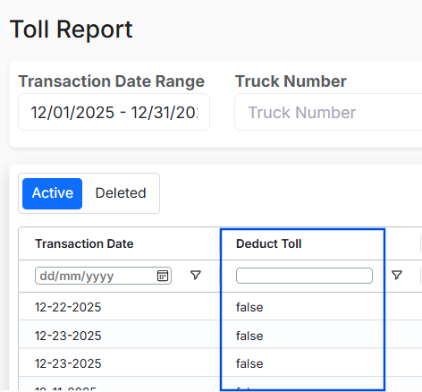 Image showing the Alvys Toll Report with the Deduct Transaction highlighted