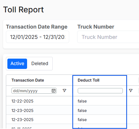 Image showing the Alvys Toll Report with the Deduct Transaction highlighted