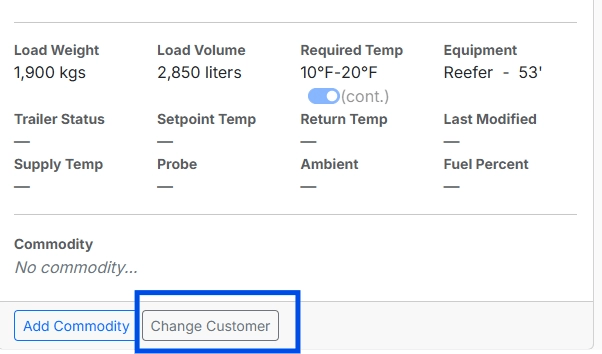 Screenshot showing the Change Customer button on a load.