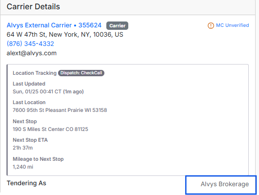 Load Details Page showing “Tendering As”