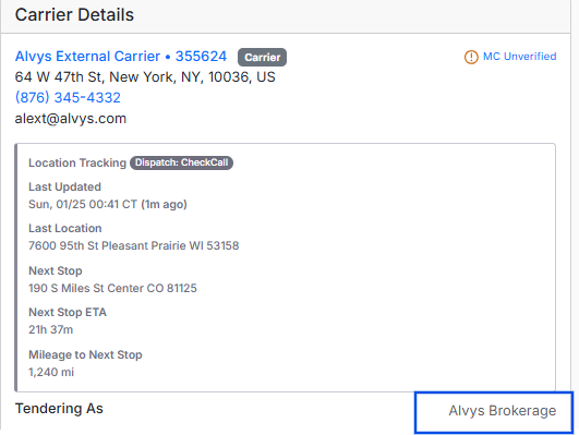 Load Details Page showing “Tendering As”