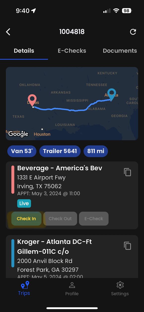 Facility check-in and check-out screen.