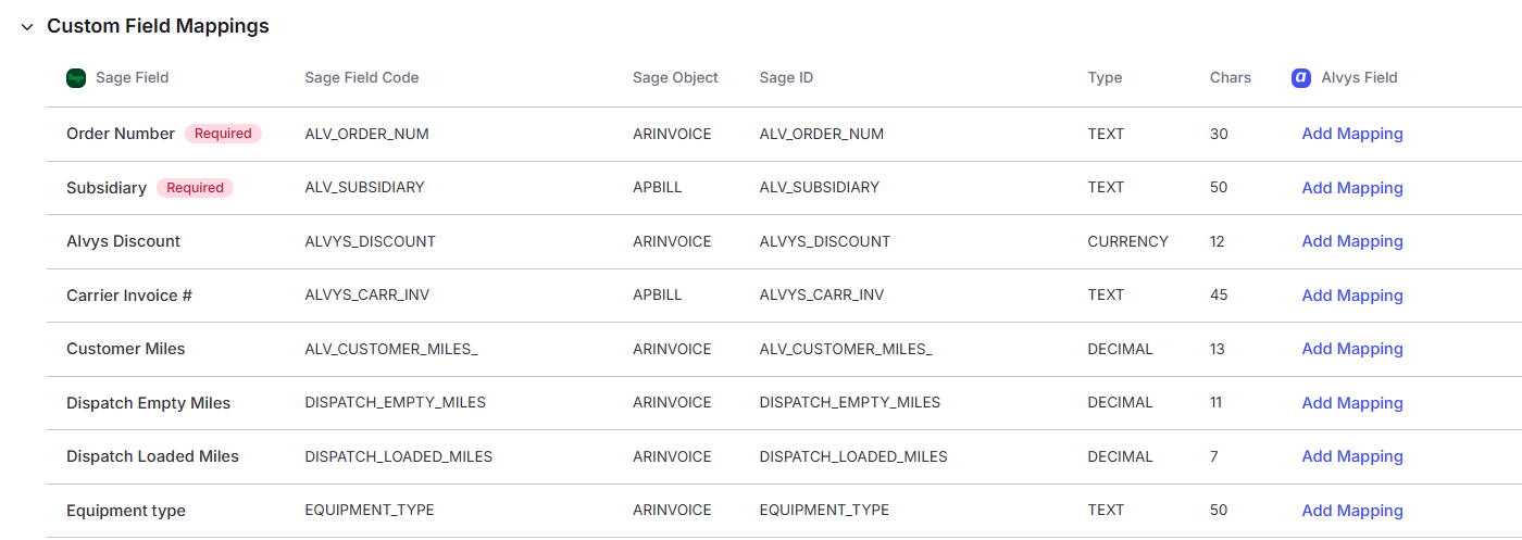 Custom field mapping interface at the Advanced Settings step of the Sage Intacct setup wizard.