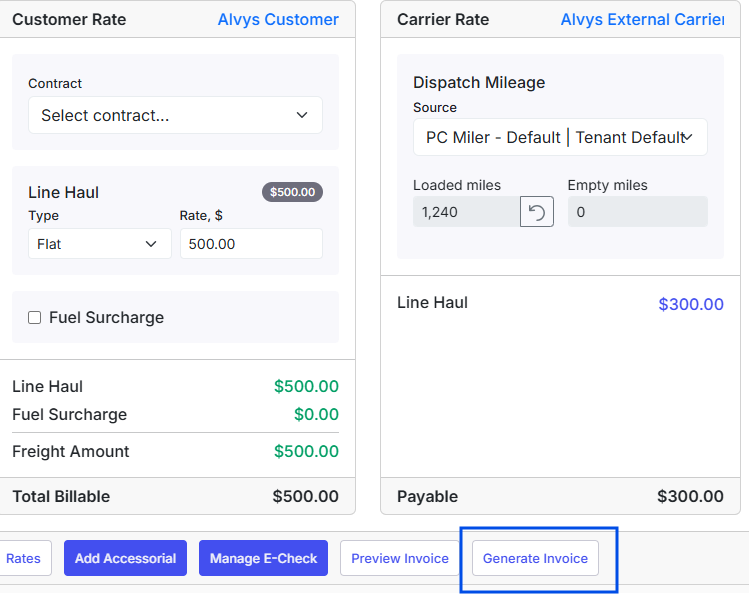 Features side-by-side Customer and Carrier Rate columns with a blue box emphasizing the clickable Generate Invoice execution button.