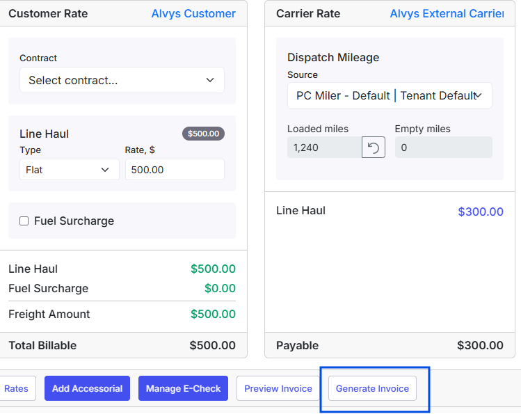 Features side-by-side Customer and Carrier Rate columns with a blue box emphasizing the clickable Generate Invoice execution button.