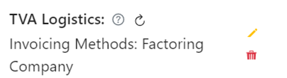 Refresh icon (↻) next to a customer or broker name in the company profile header after the factoring invoicing method has been added.