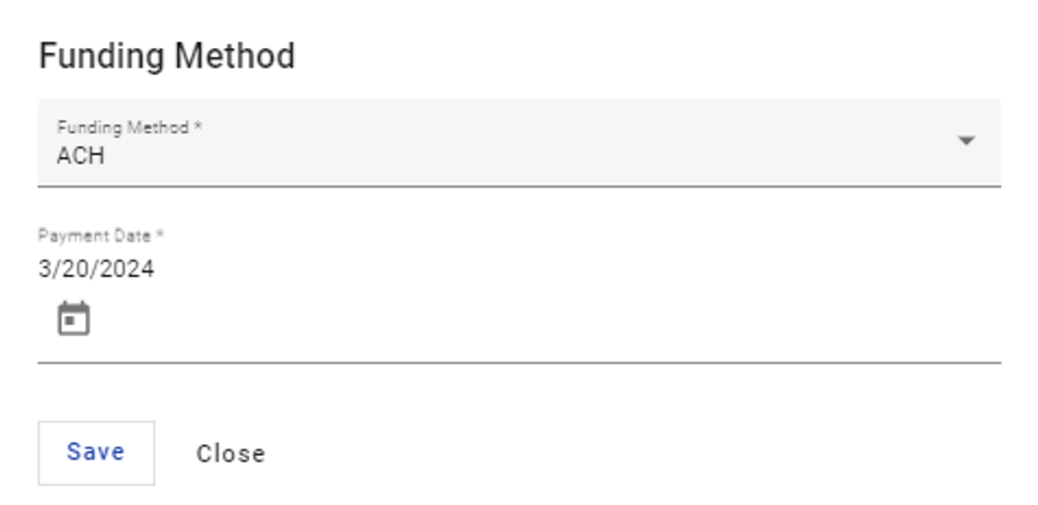 Batch submission pop-up showing Funding Method selector and Payment Date calendar