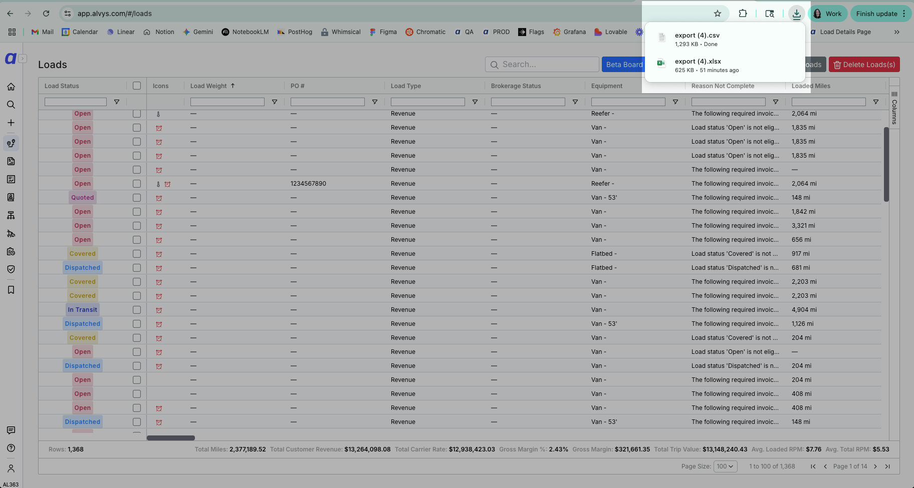 Exported file downloaded in the browser