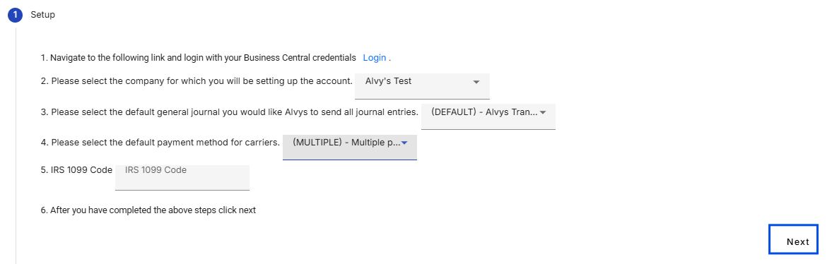 Shows the finalized Step 1 configuration screen with a blue box highlighting the Next navigation button.