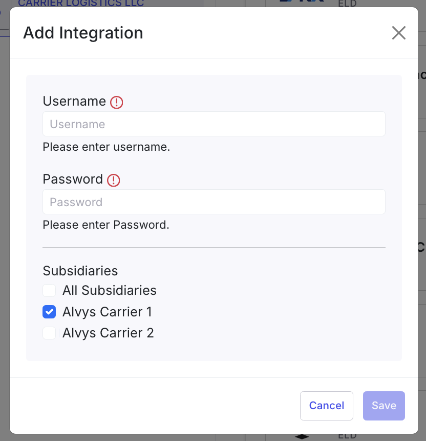 Orbcomm Platform credentials dialog showing Username, Password, and Subsidiaries fields.