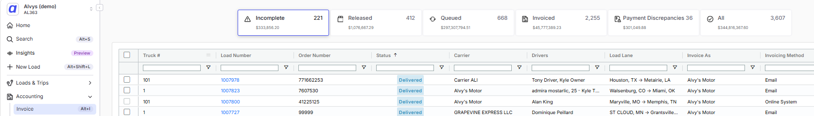 Batch Invoicing page showing the five status tabs and the load list with checkboxes.