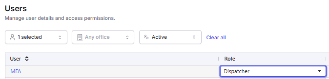 Screenshot of the Sales Agent role in Company Profile > Users.