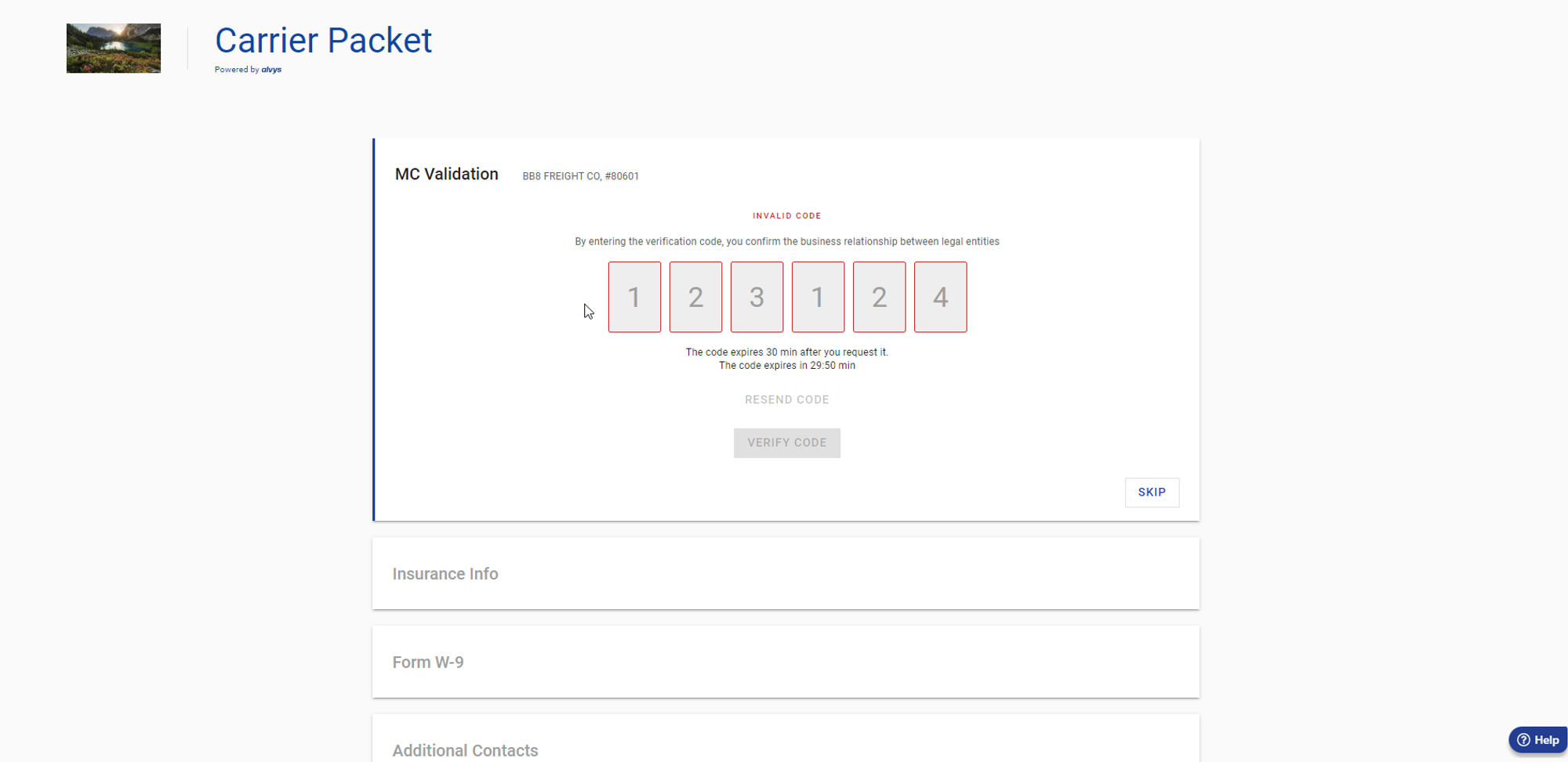 Motor Carrier Validation error message. Shows the error screen displayed when an invalid or expired code is submitted.