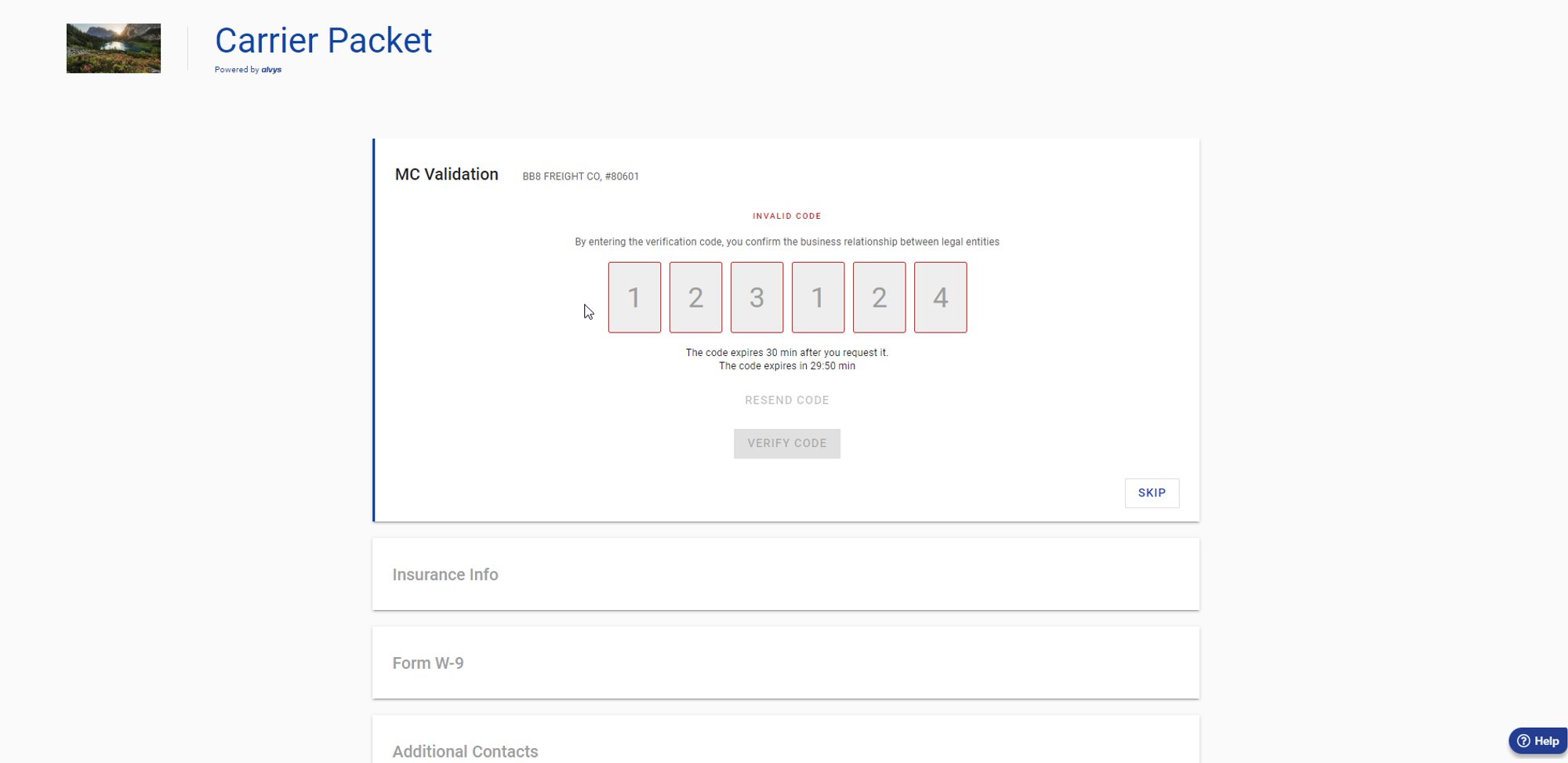 Motor Carrier Validation error message. Shows the error screen displayed when an invalid or expired code is submitted.