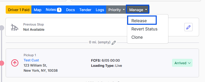The Manage dropdown on the load with the Release option, used to send a TONU load to billing.