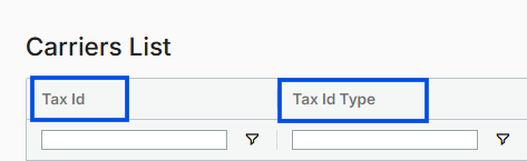 Carrier list showing Tax ID and Tax ID Type columns visible for users with View Tax ID/SSN