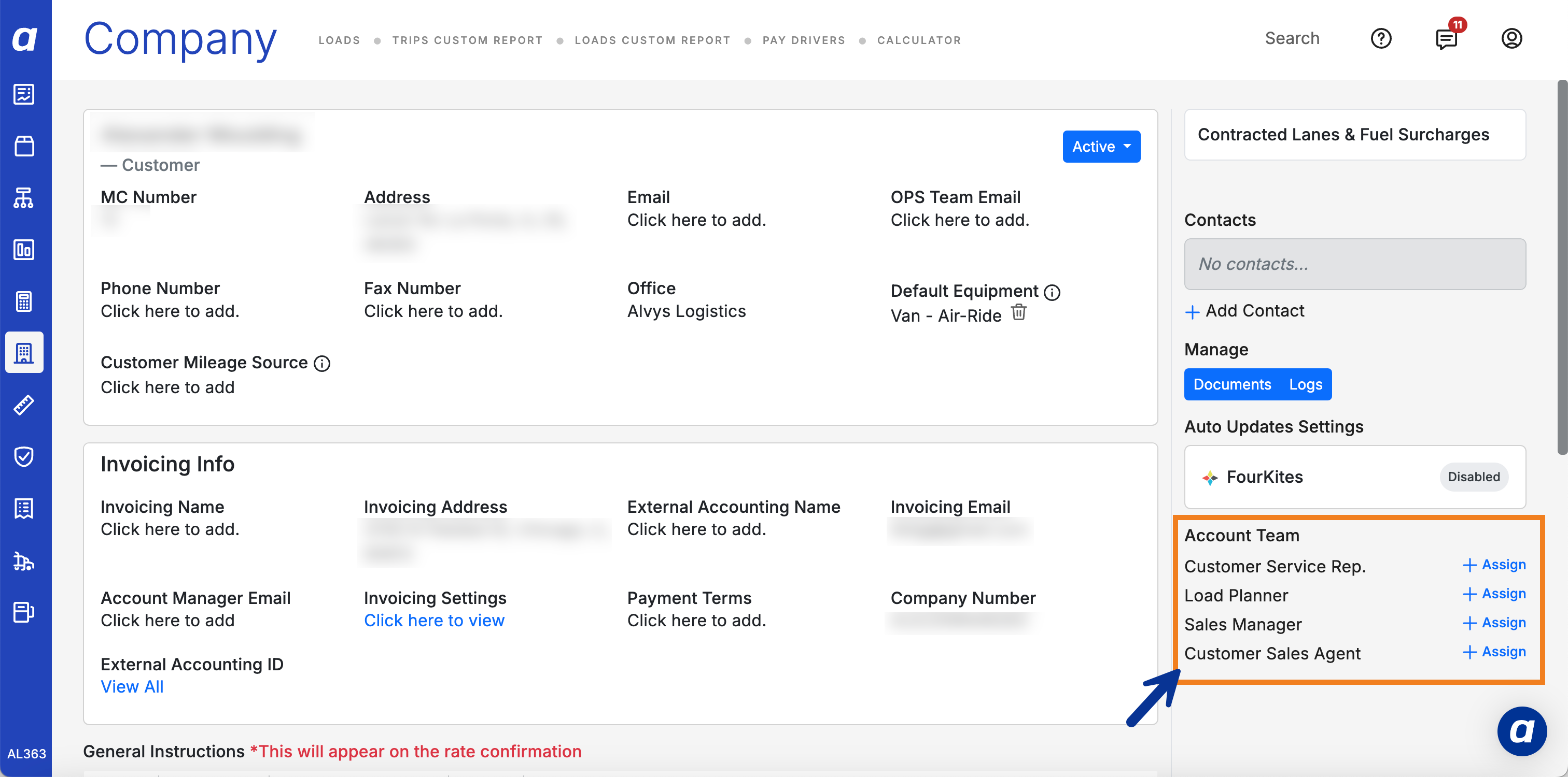 Customer company profile showing role pre-assignment fields.