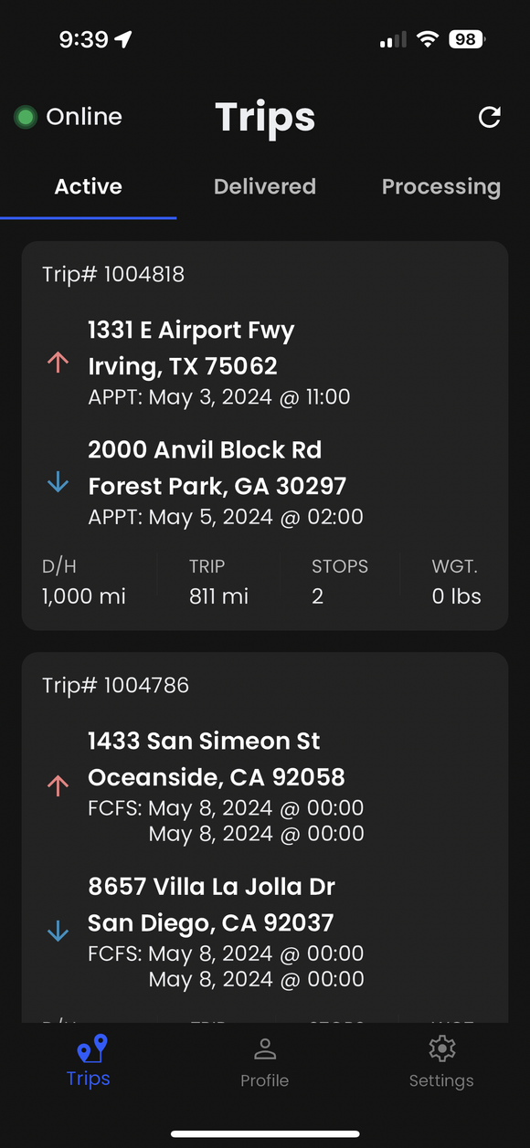 Home screen trip list.